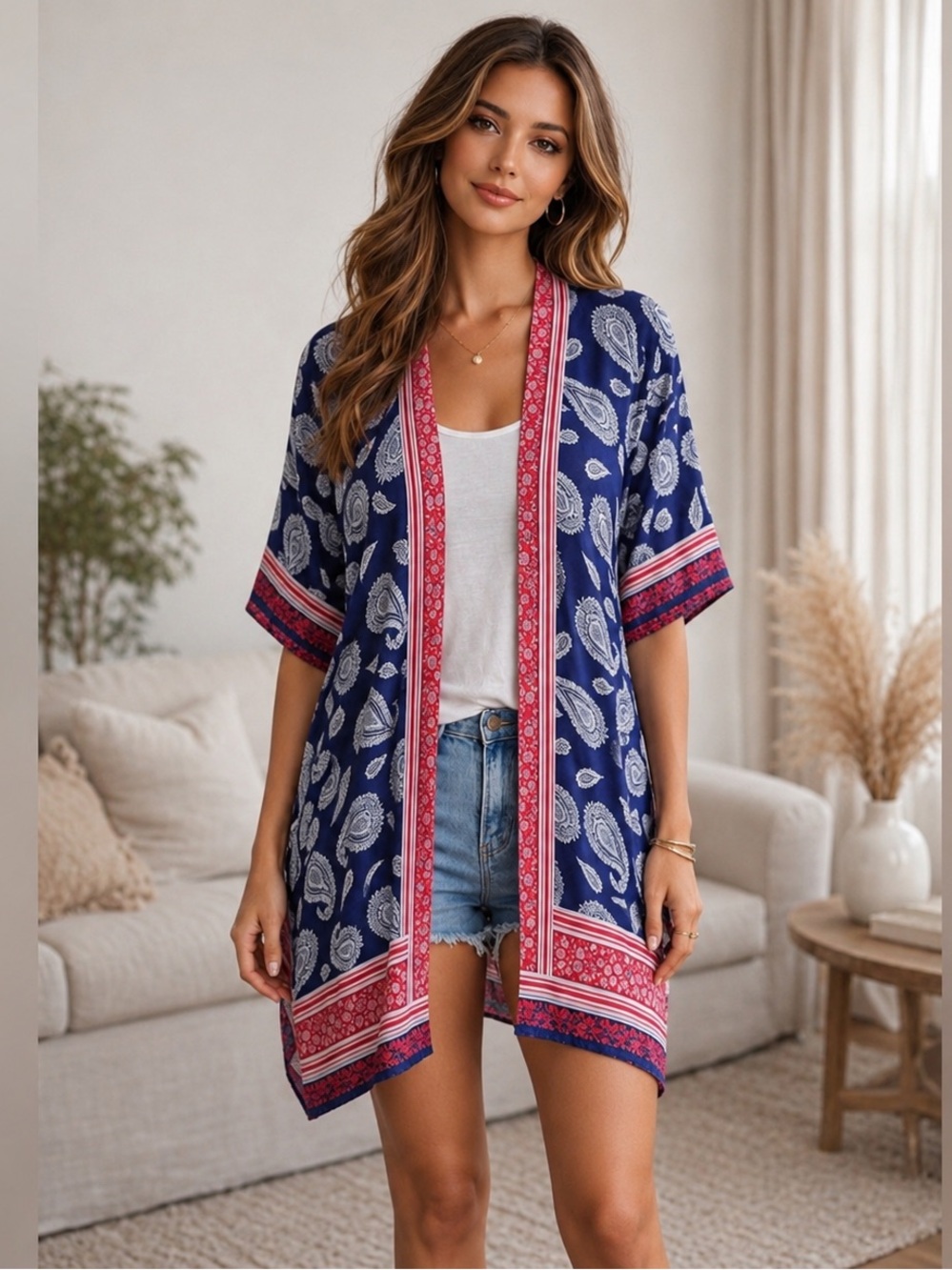 Modena Kimono Paisley Boho Bohemian Patriotic Red White & Blue Kimono